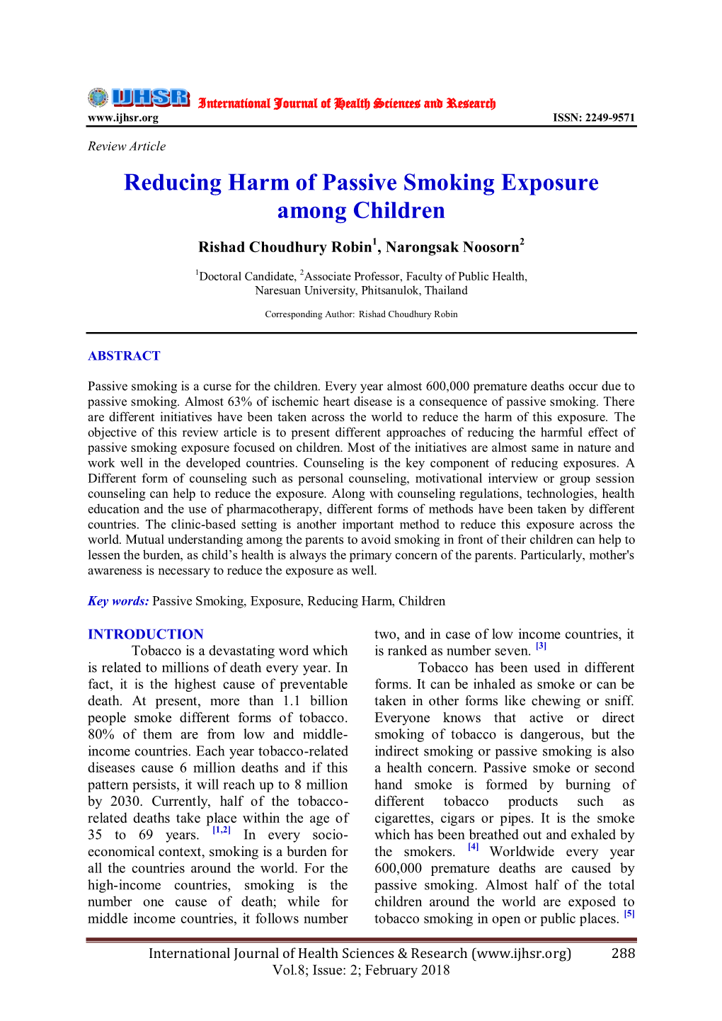 Reducing Harm of Passive Smoking Exposure Among Children