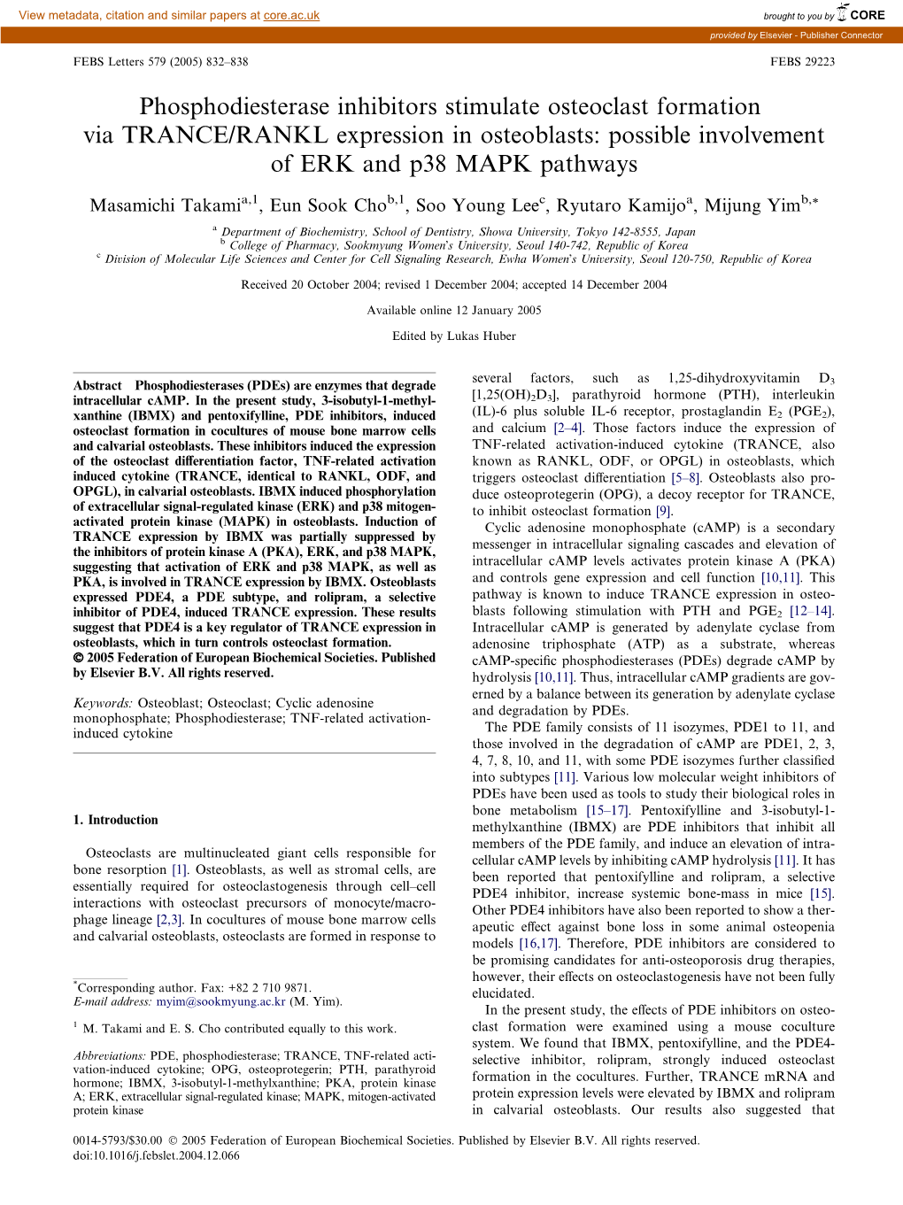 Phosphodiesterase Inhibitors Stimulate Osteoclast Formation Via TRANCE/RANKL Expression in Osteoblasts: Possible Involvement of ERK and P38 MAPK Pathways