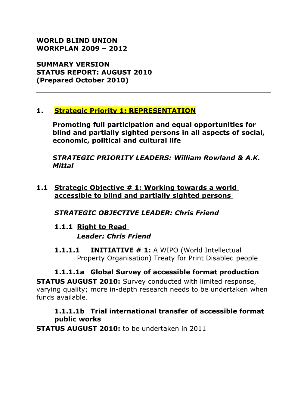 WBU Strategic Work Plan 2009-2012 - Summary