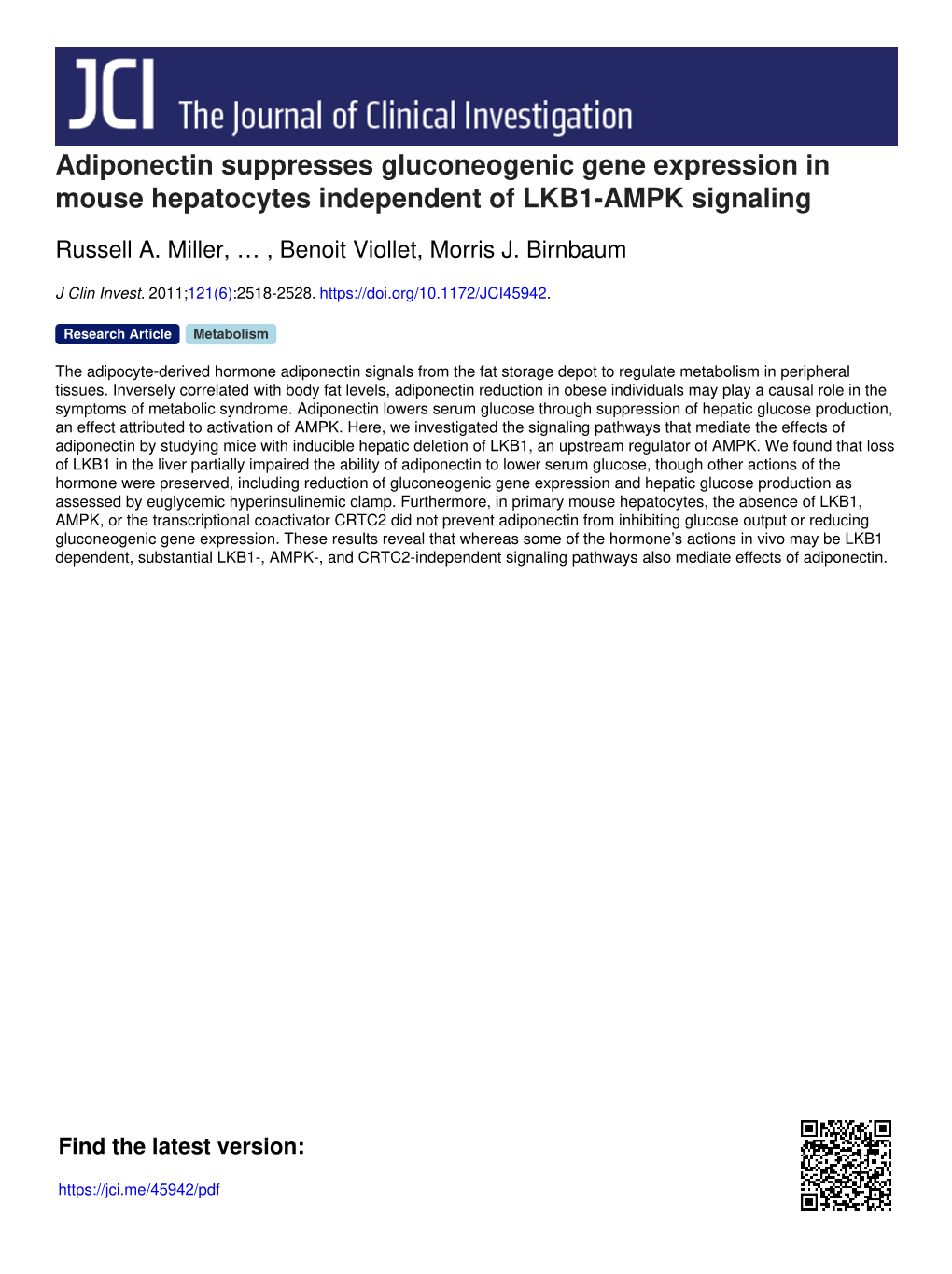 Adiponectin Suppresses Gluconeogenic Gene Expression in Mouse Hepatocytes Independent of LKB1-AMPK Signaling