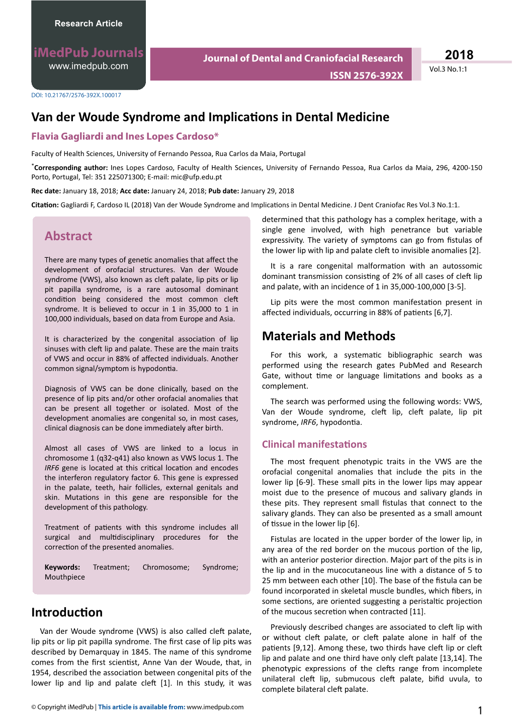 Van Der Woude Syndrome and Implications in Dental Medicine Flavia Gagliardi and Ines Lopes Cardoso*