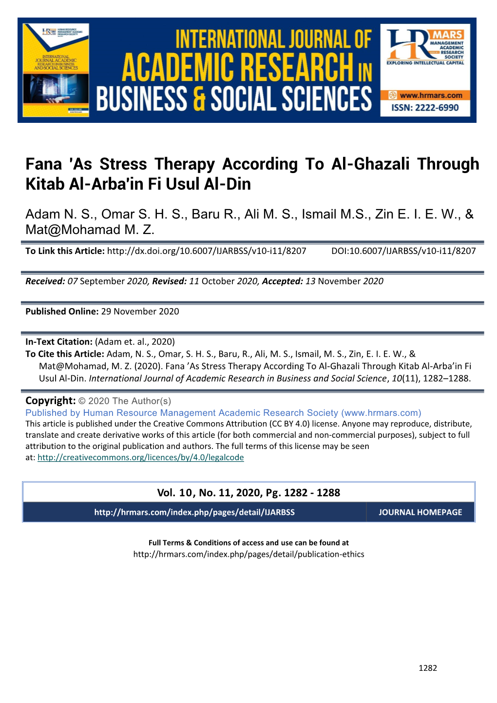 Fana 'As Stress Therapy According to Al-Ghazali Through Kitab Al-Arba'in Fi Usul Al-Din