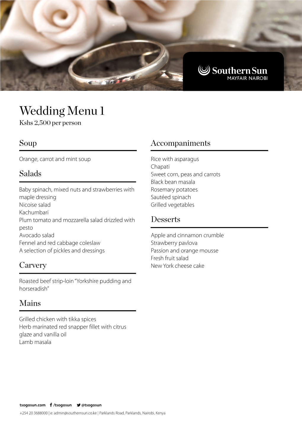 Wedding Menu 1 Kshs 2,500 Per Person