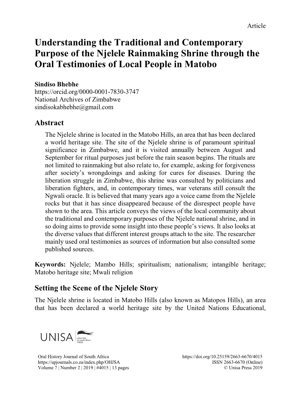 Understanding the Traditional and Contemporary Purpose of the Njelele Rainmaking Shrine Through the Oral Testimonies of Local People in Matobo