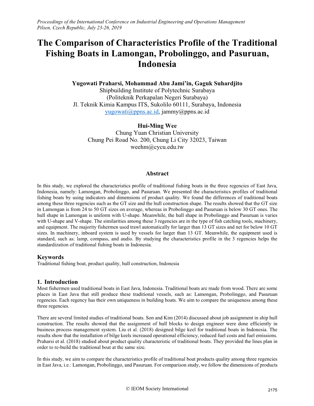 The Comparison of Characteristics Profile of the Traditional Fishing Boats in Lamongan, Probolinggo, and Pasuruan, Indonesia