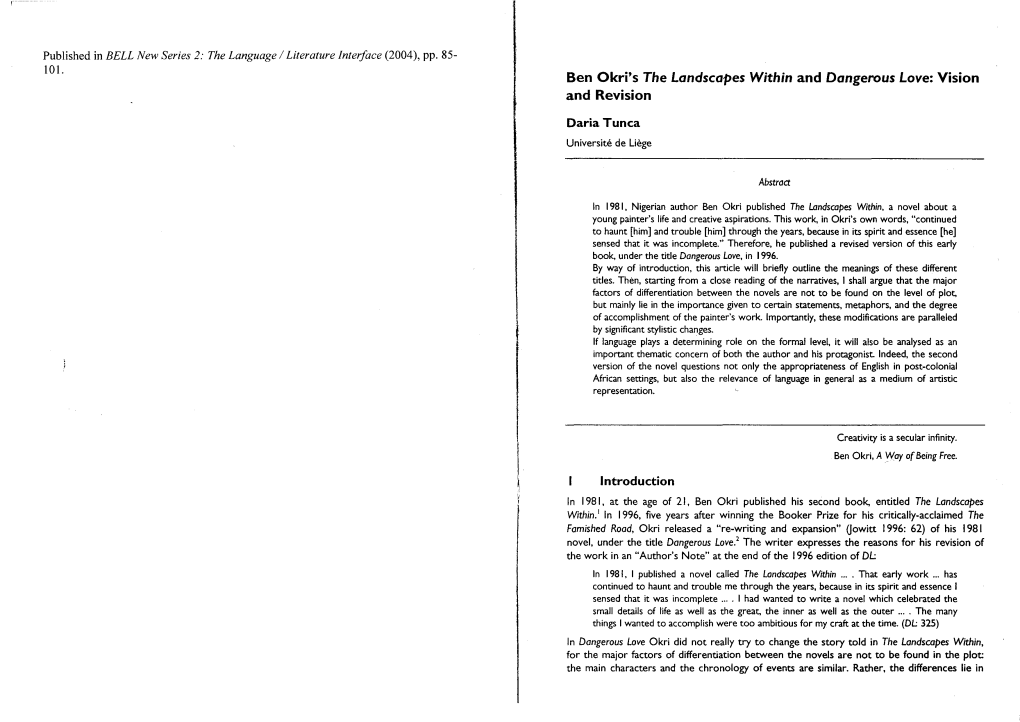 Ben Okri's the Landscapes Within and Dangerous Love: Vision and Revision