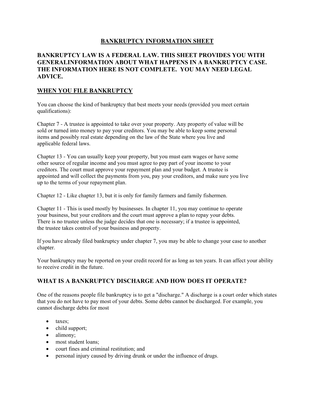 Bankruptcy Information Sheet