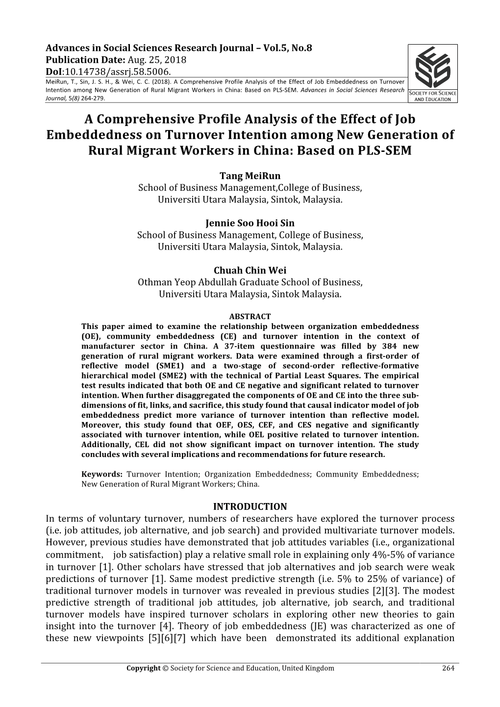 A Comprehensive Profile Analysis of the Effect of Job Embeddedness on Turnover Intention Among New Generation of Rural Migrant Workers in China: Based on PLS-SEM