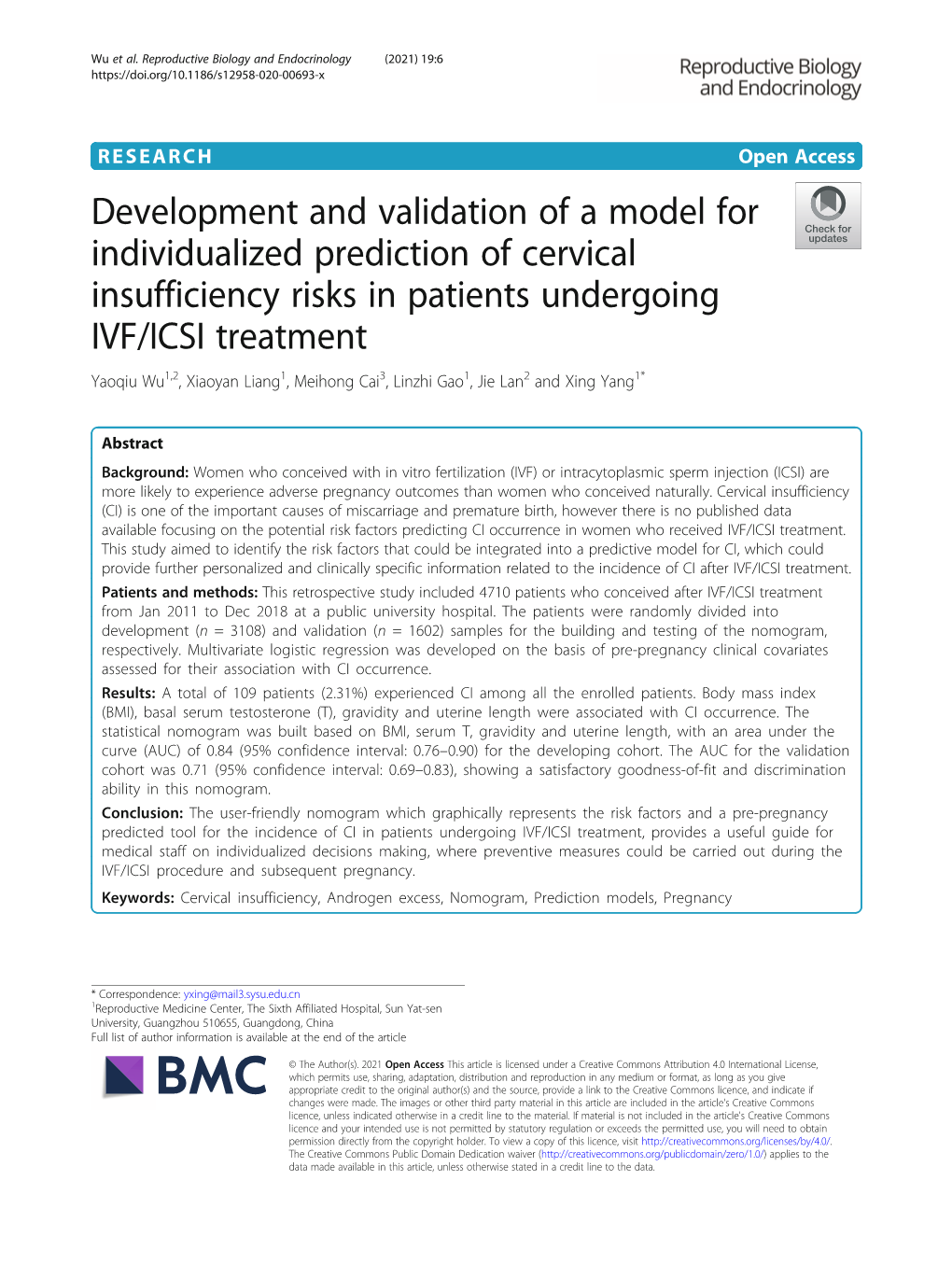 Development and Validation of a Model for Individualized Prediction