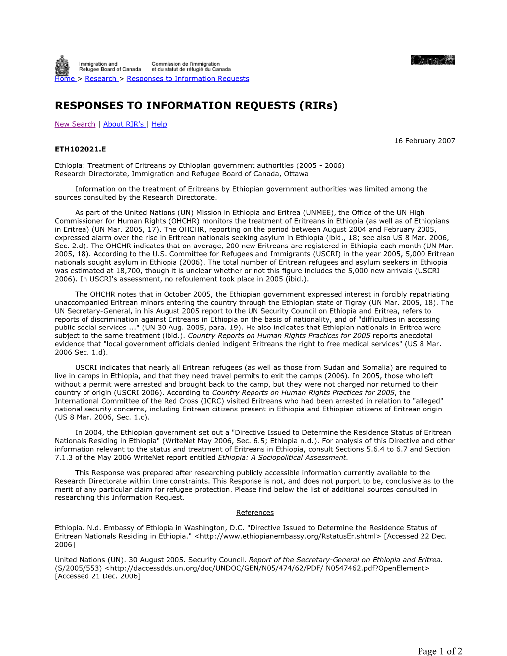 Treatment of Eritreans by Ethiopian Government Authorities (2005 - 2006) Research Directorate, Immigration and Refugee Board of Canada, Ottawa