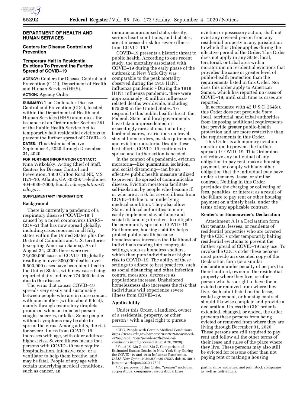 Federal Register/Vol. 85, No. 173/Friday, September 4, 2020