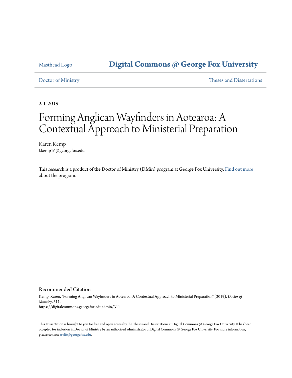 Forming Anglican Wayfinders in Aotearoa: a Contextual Approach to Ministerial Preparation Karen Kemp Kkemp16@Georgefox.Edu