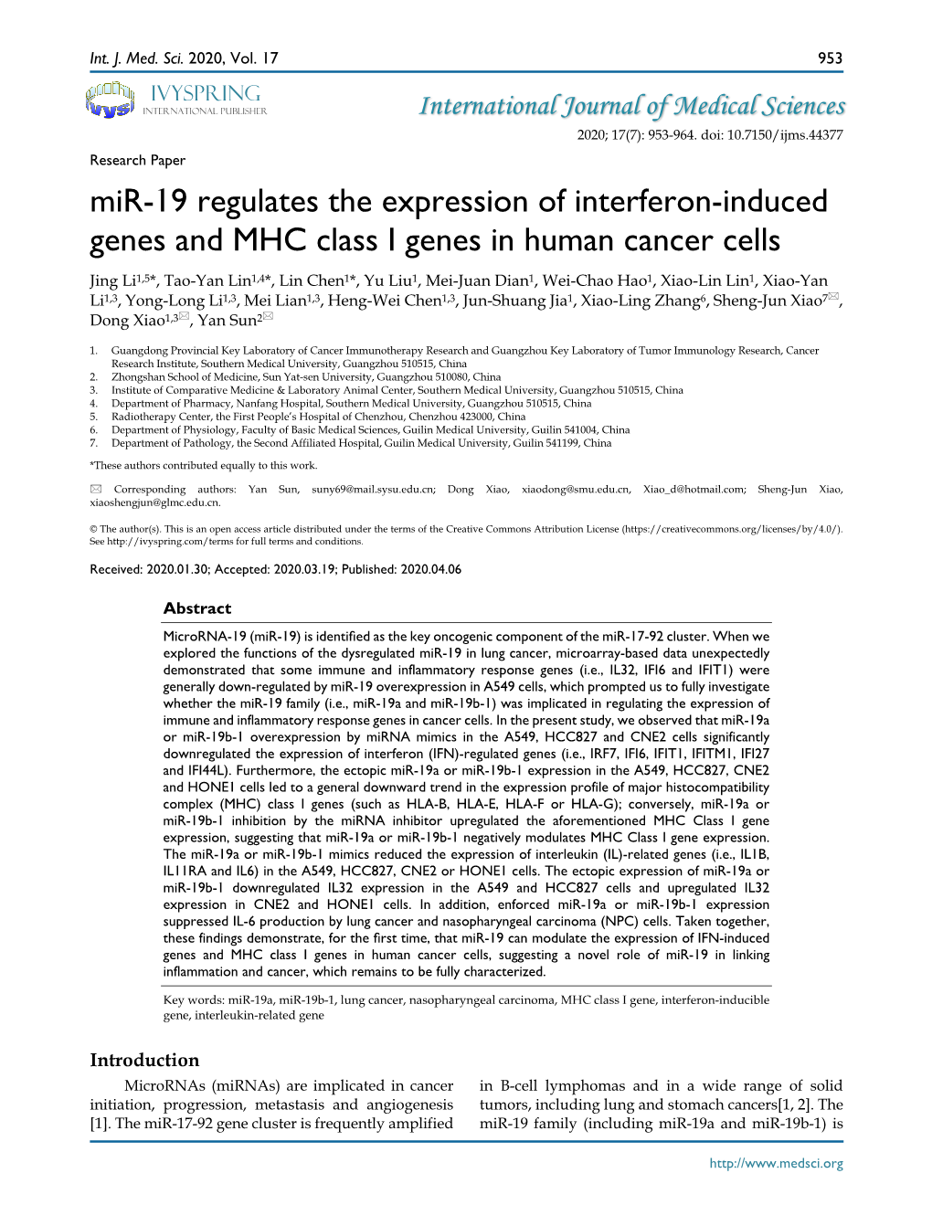 Mir-19 Regulates the Expression of Interferon-Induced Genes and MHC