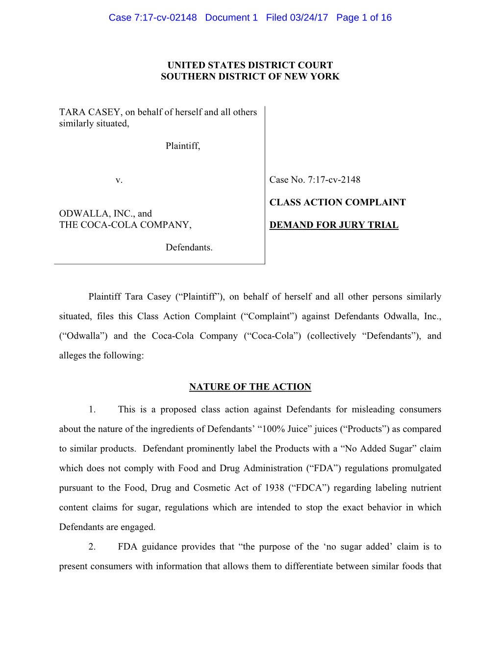 Casey V. Odwalla, Inc., Et