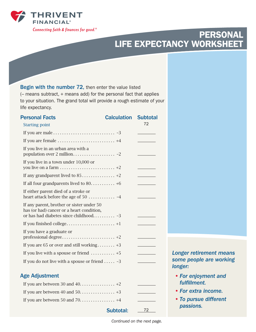 Personal Life Expectancy Worksheet