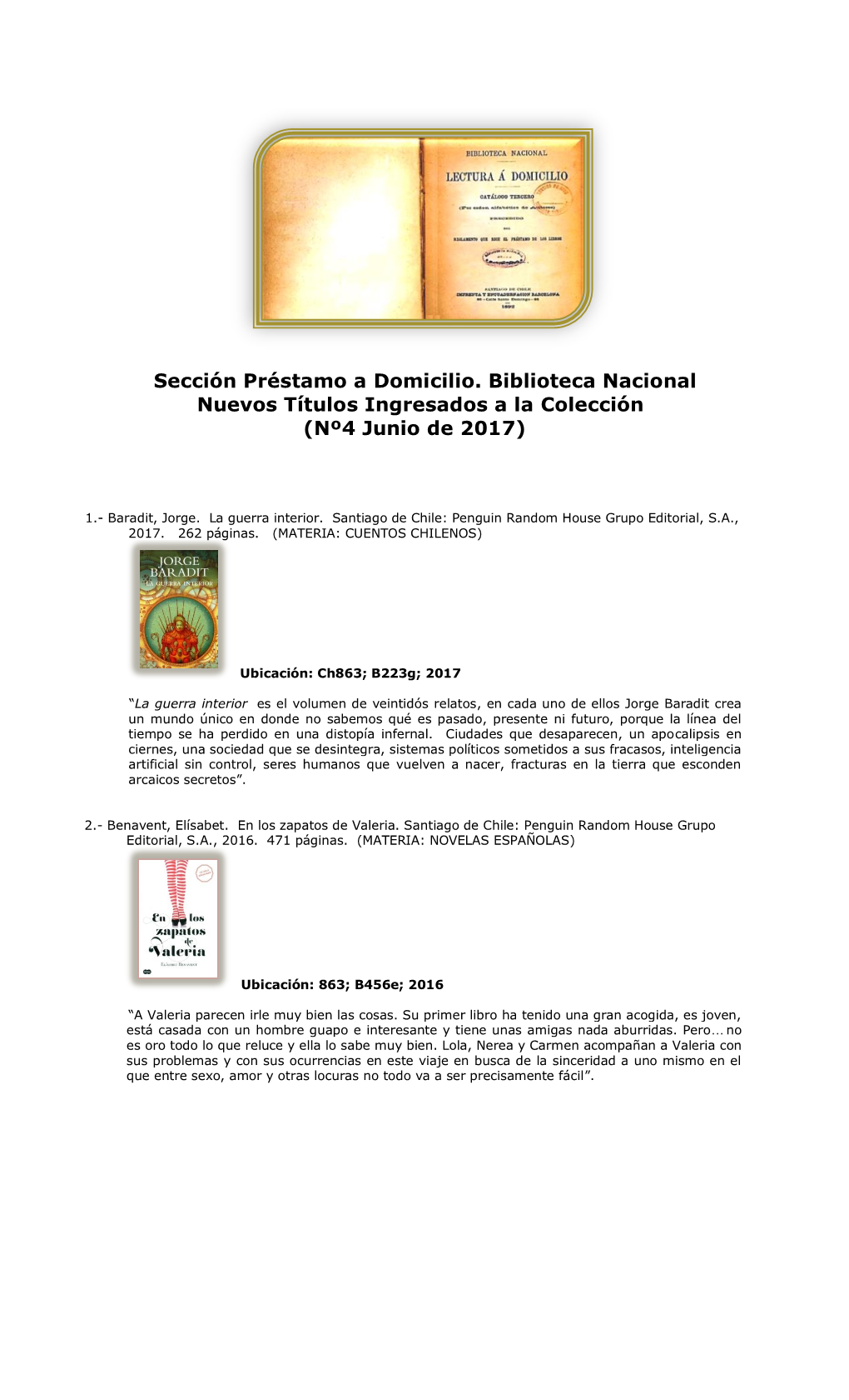 Sección Préstamo a Domicilio. Biblioteca Nacional Nuevos Títulos Ingresados a La Colección (Nº4 Junio De 2017)