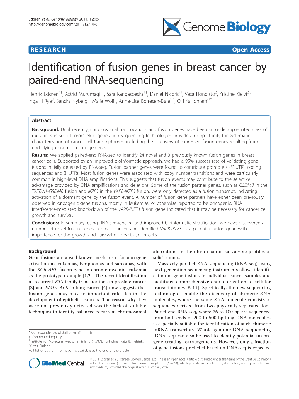 Identification of Fusion Genes in Breast Cancer by Paired-End RNA