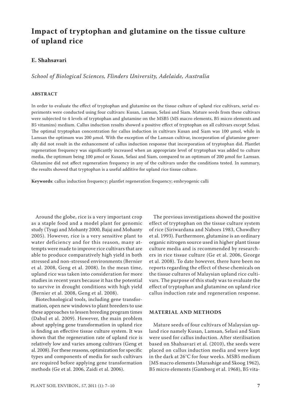 Impact of Tryptophan and Glutamine on the Tissue Culture of Upland Rice