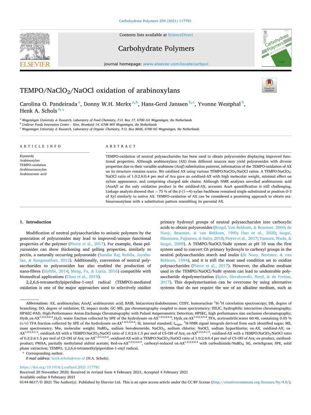 TEMPO/Naclo2/Naocl Oxidation of Arabinoxylans