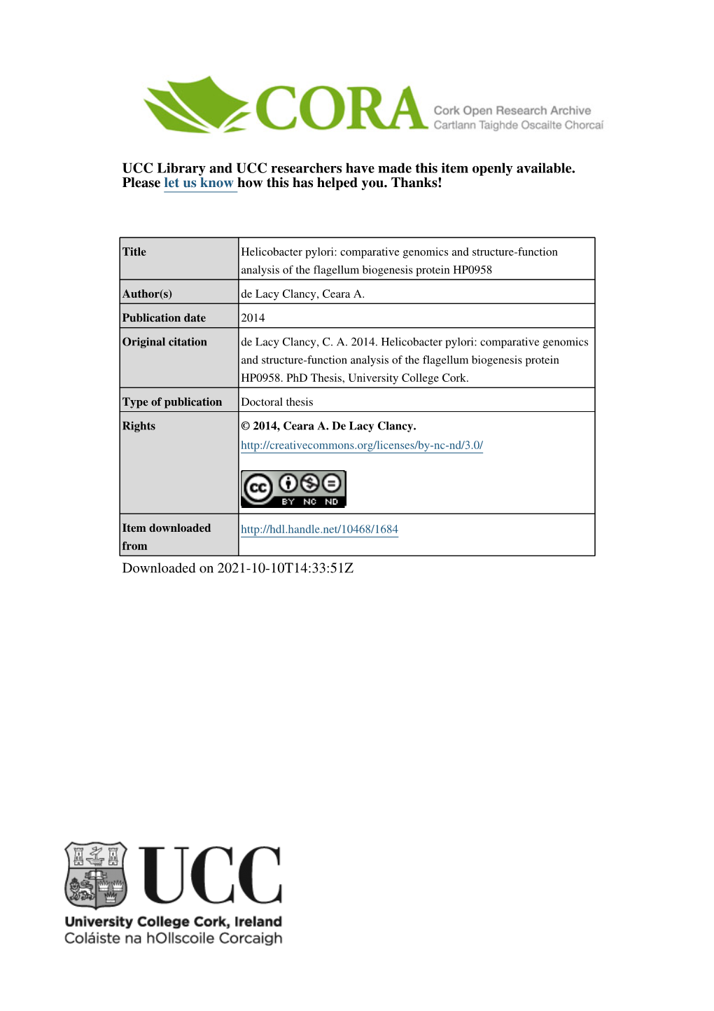 Helicobacter Pylori: Comparative Genomics and Structure-Function Analysis of the Flagellum Biogenesis Protein HP0958