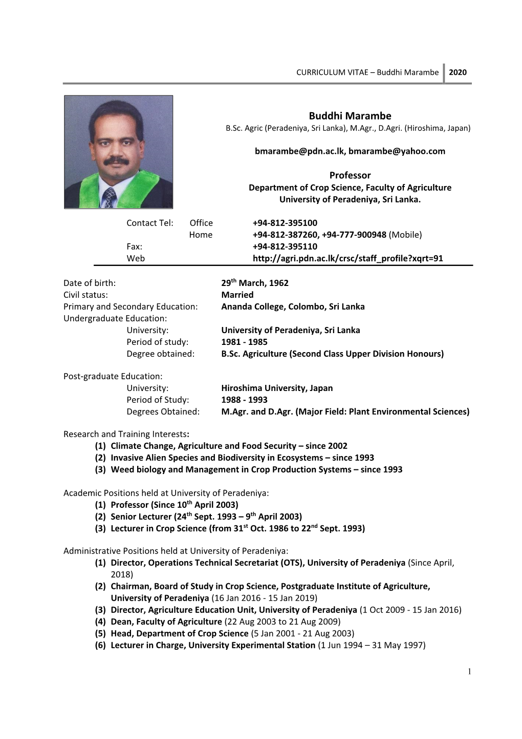 CURRICULUM VITAE – Buddhi Marambe 2020