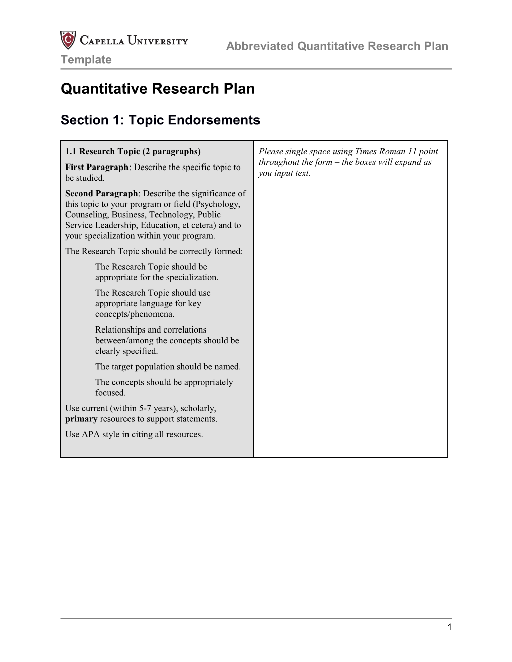 Abbreviated Quantitative Research Plan Template