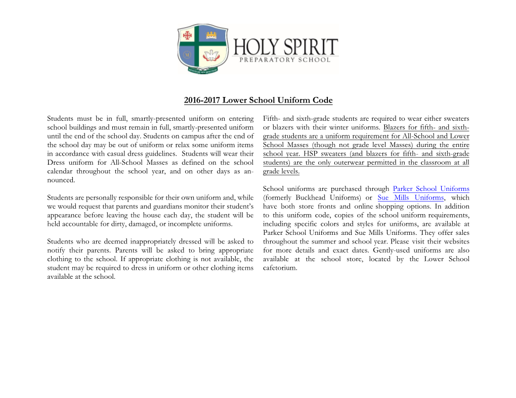 2016-2017 Lower School Uniform Code