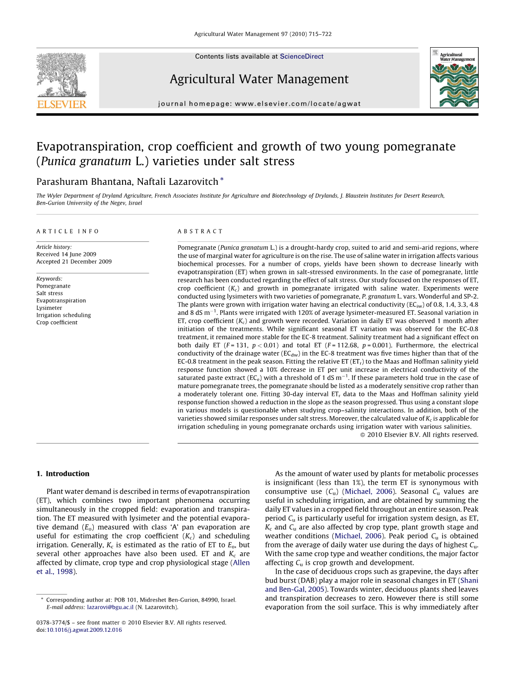 Evapotranspiration, Crop Coefficient and Growth of Two Young Pomegranate (Punica Granatum L.) Varieties Under Salt Stress