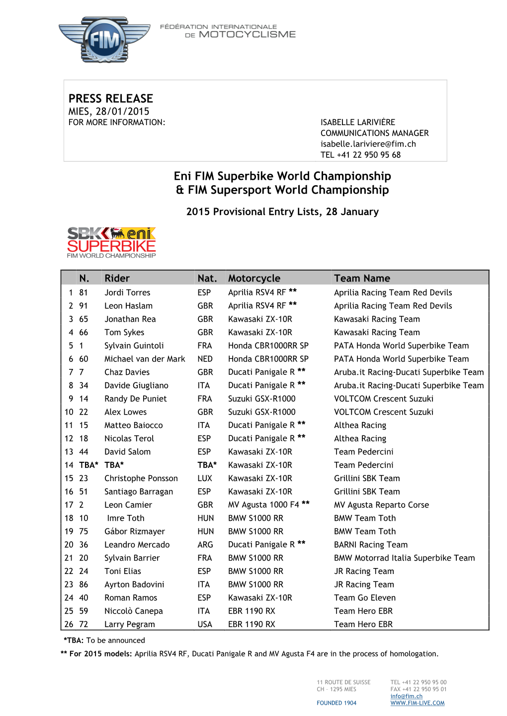 PRESS RELEASE Eni FIM Superbike World Championship & FIM Supersport World Championship