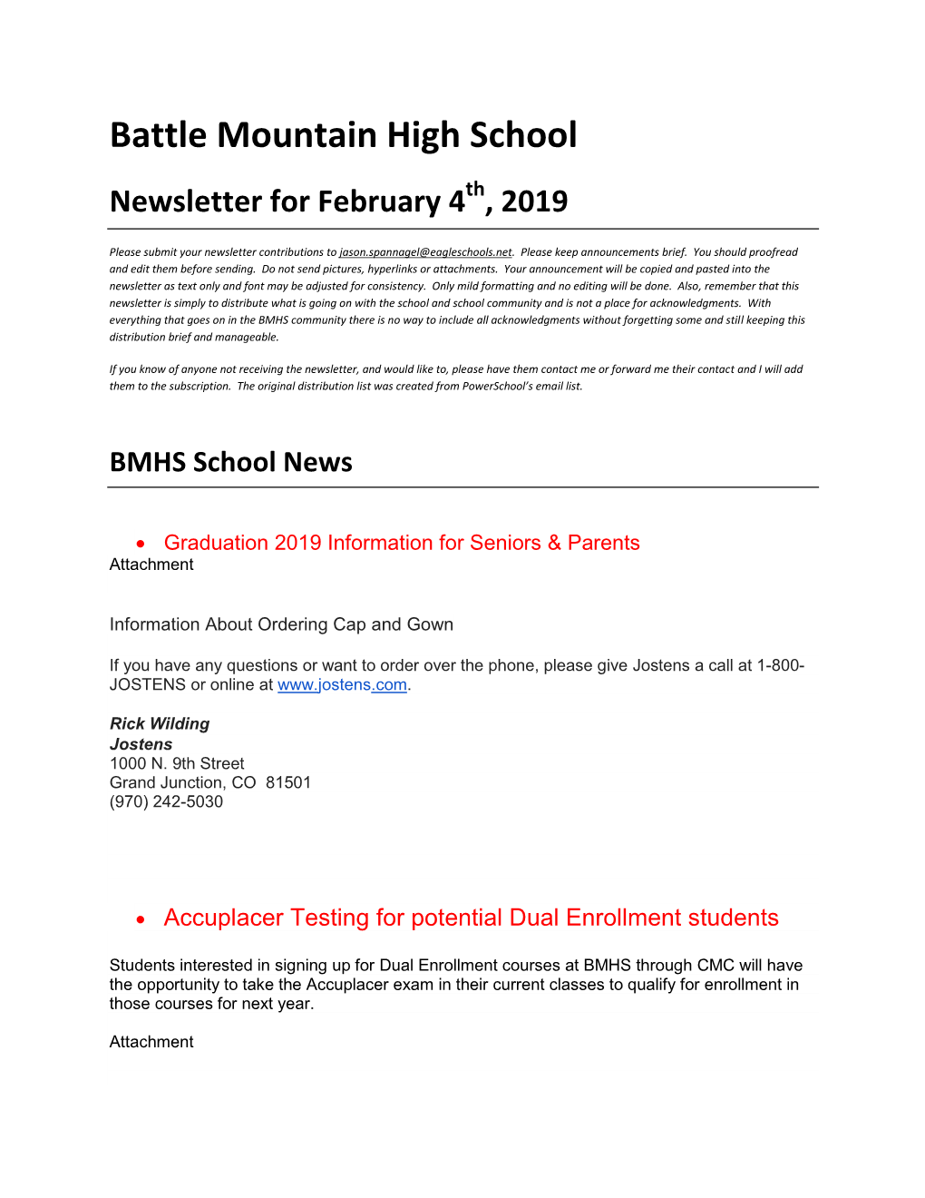 Battle Mountain High School Newsletter for February 4Th, 2019