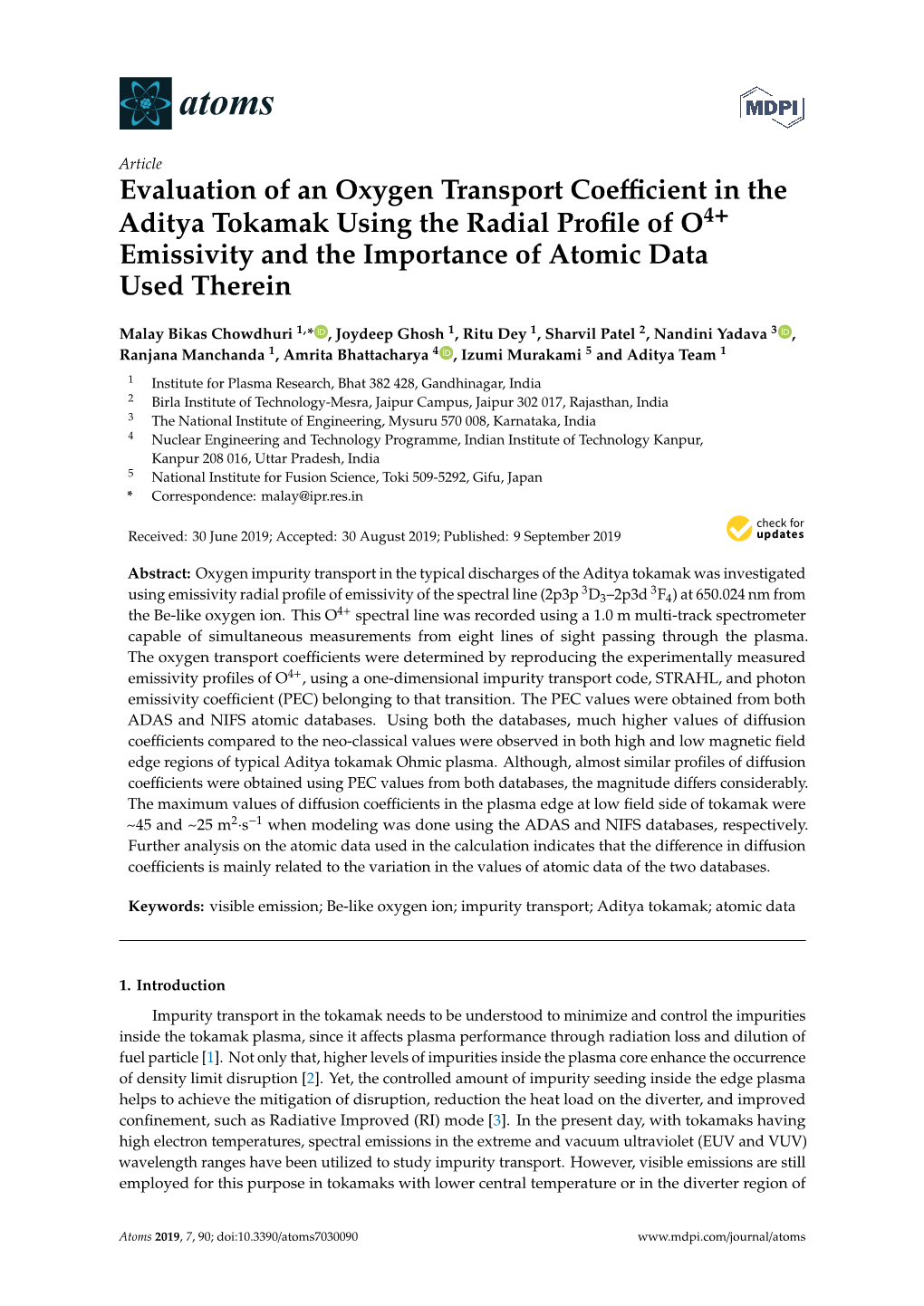 Evaluation of an Oxygen Transport Coefficient in the Aditya Tokamak