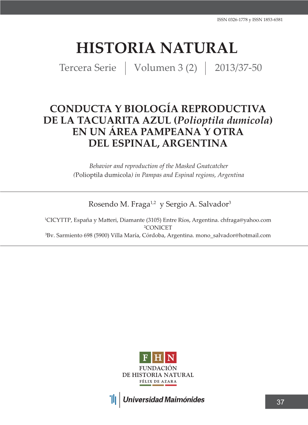 HISTORIA NATURAL Tercera Serie Volumen 3 (2) 2013/37-50