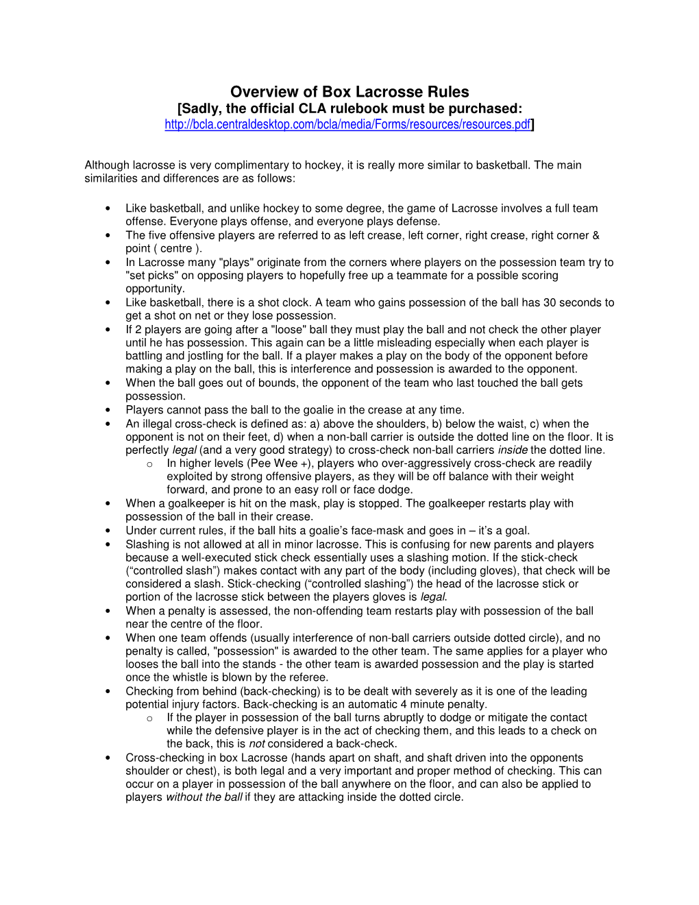 Overview of Box Lacrosse Rules [Sadly, the Official CLA Rulebook Must Be Purchased: ]