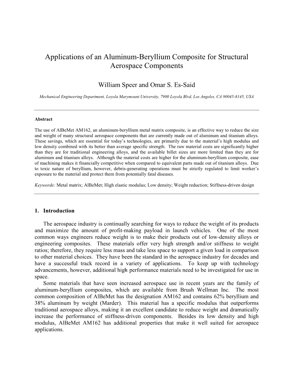 Applications of an Aluminum-Beryllium Composite for Structural Aerospace Components