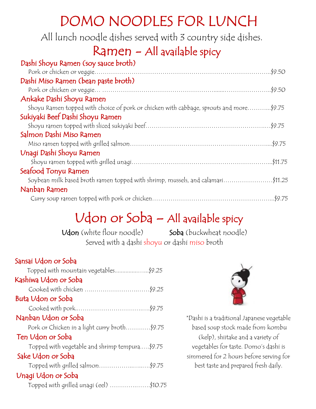 Lunch Noodle Menu