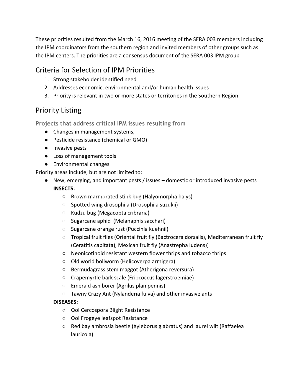 Criteria for Selection of IPM Priorities Priority Listing