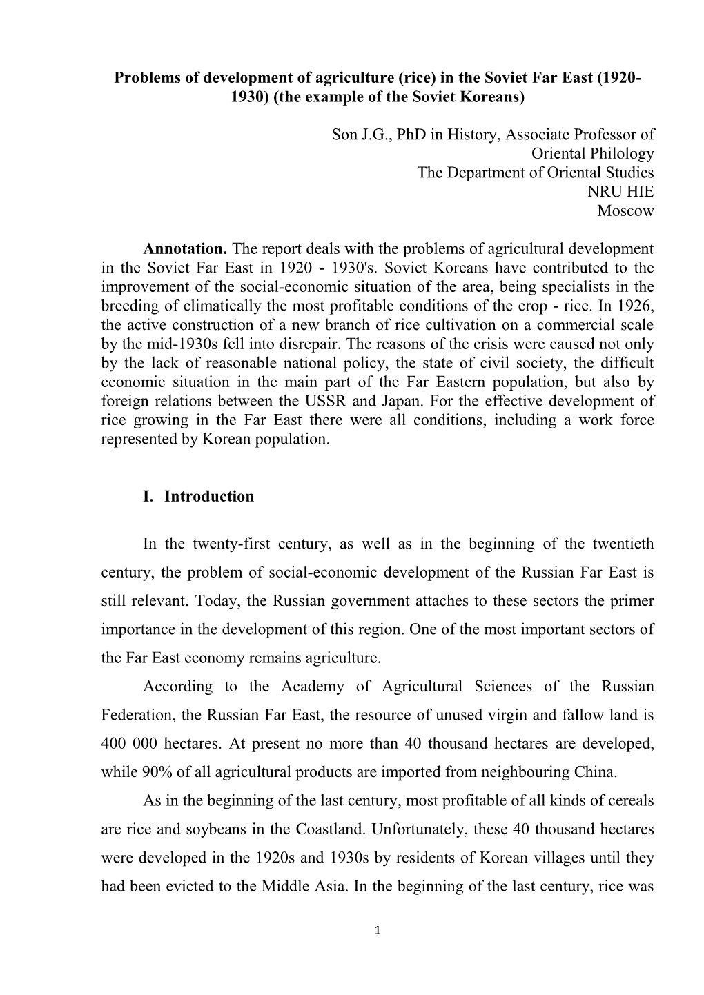 Problems of Development of Agriculture (Rice) in the Soviet Far East (1920- 1930) (The Example of the Soviet Koreans) Son J.G