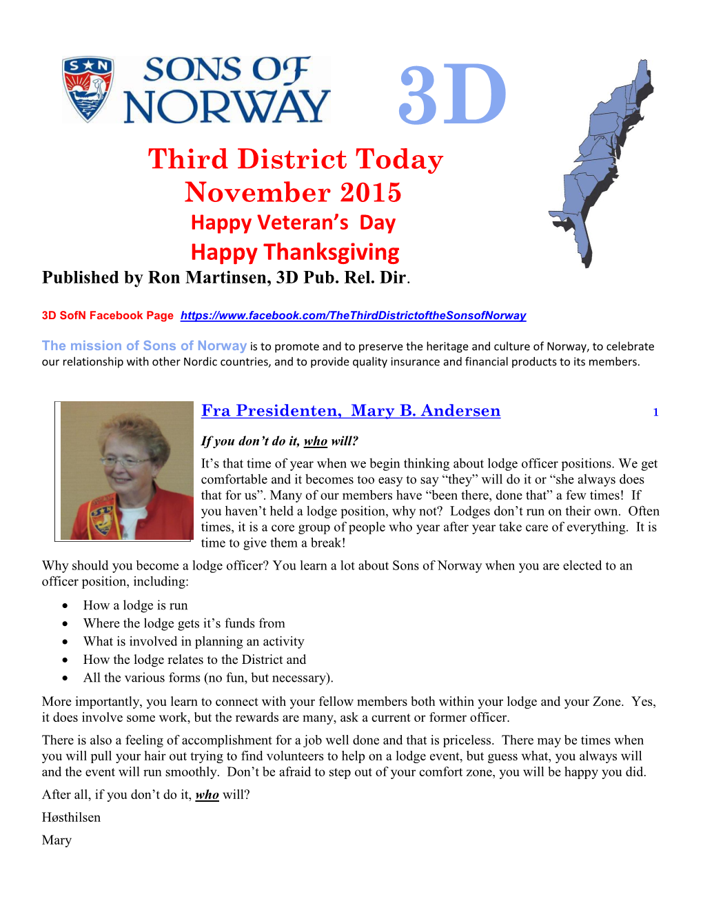 Third District Today November 2015 Happy Veteran’S Day Happy Thanksgiving Published by Ron Martinsen, 3D Pub