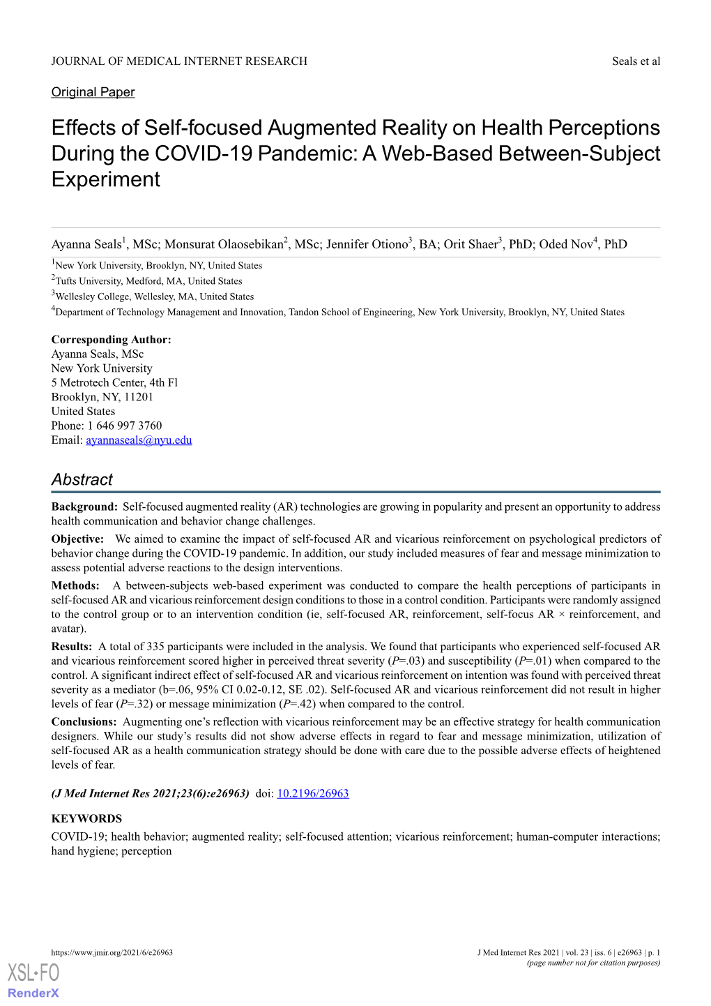 Effects of Self-Focused Augmented Reality on Health Perceptions During the COVID-19 Pandemic: a Web-Based Between-Subject Experiment