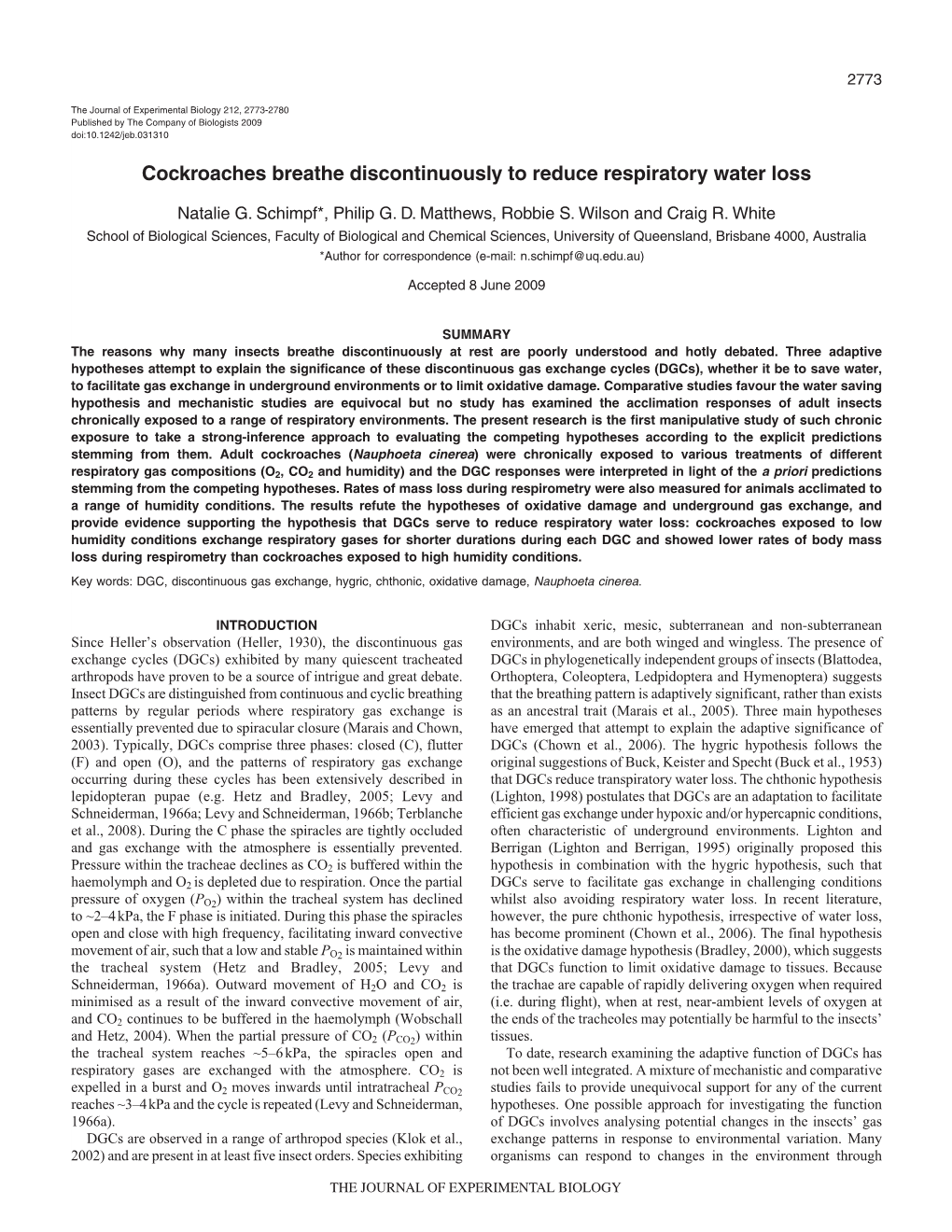 Cockroaches Breathe Discontinuously to Reduce Respiratory Water Loss