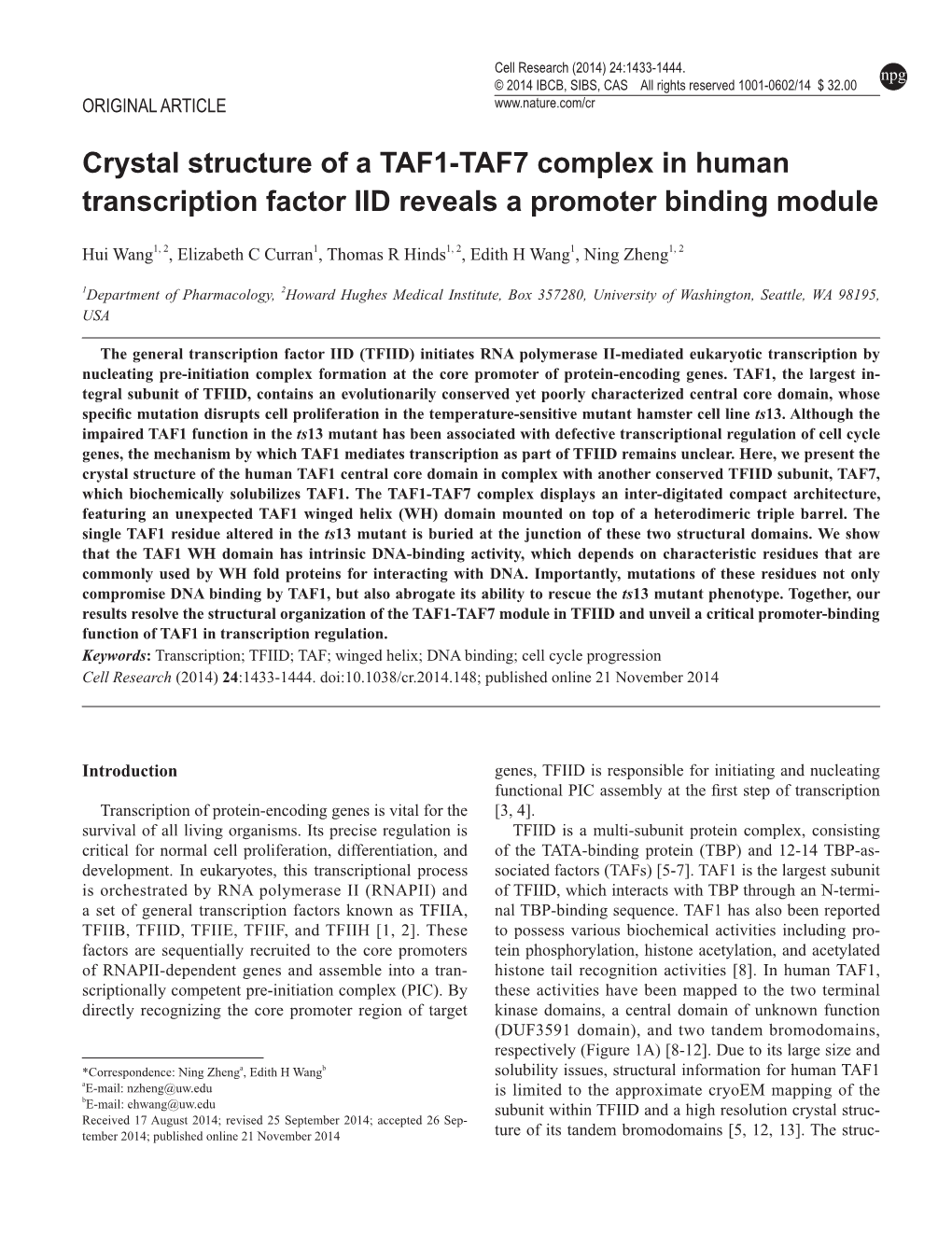 Crystal Structure of a TAF1-TAF7 Complex in Human Transcription Factor IID Reveals a Promoter Binding Module