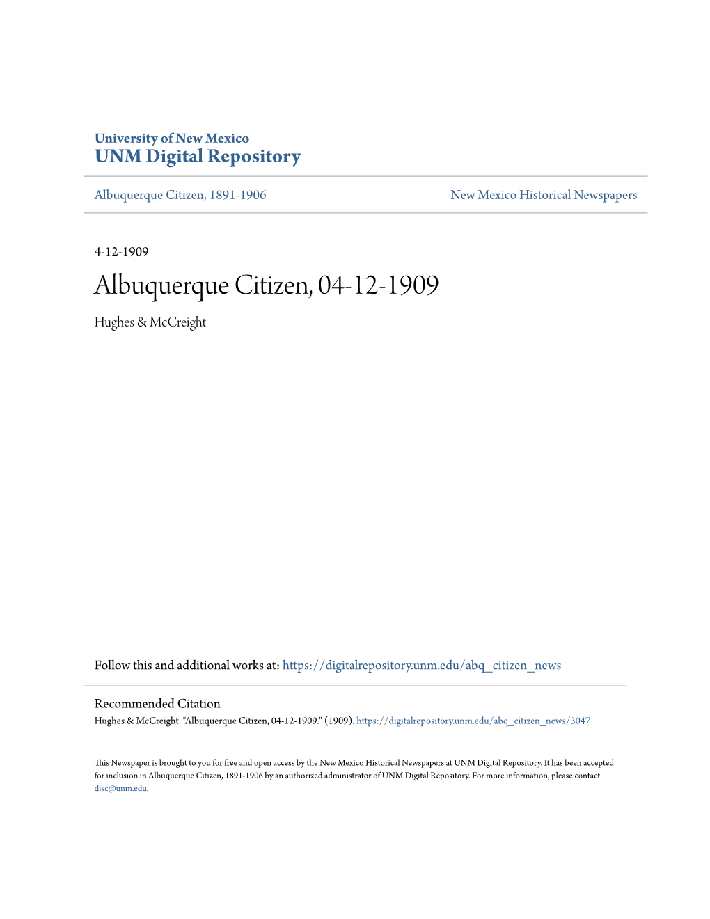 Albuquerque Citizen, 04-12-1909 Hughes & Mccreight