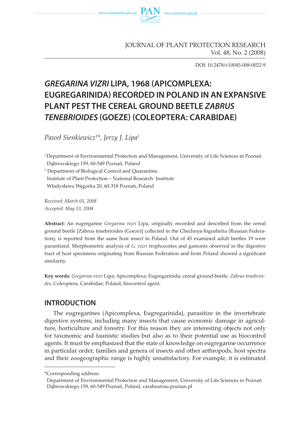 68 (Apicomplexa: Eugregarinida) Recorded in Poland in an Expansive Plant Pest the Cereal Ground Beetle Zabrus Tenebrioides (Goeze) (Coleoptera: Carabidae)