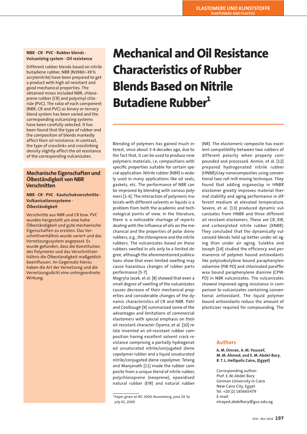 Mechanical and Oil Resistance Characteristics of Rubber Blends