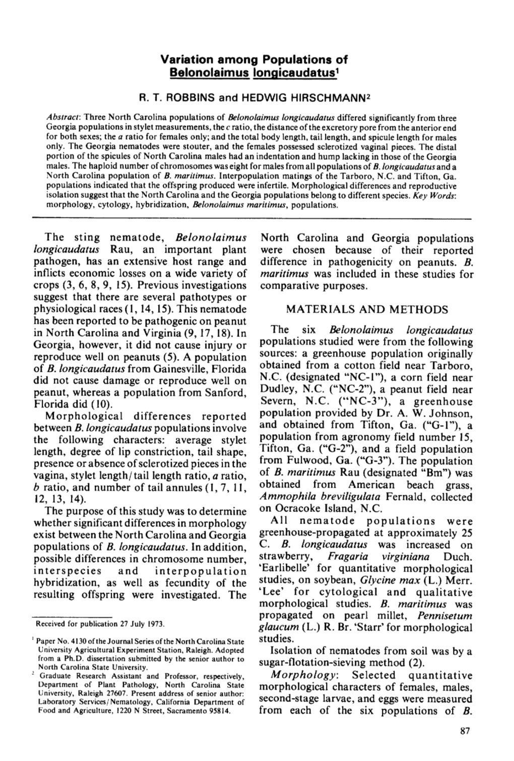 Variation Among Populations of Belonolaimus Iongicaudatus I