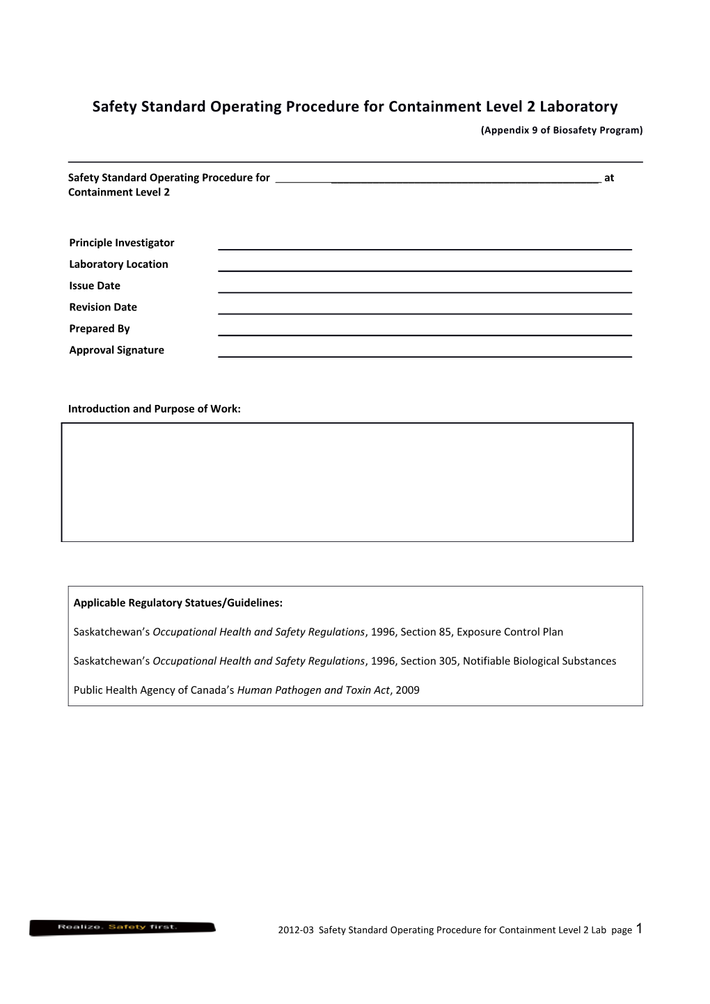 Safety Standard Operating Procedure for Containment Level 2 Laboratory