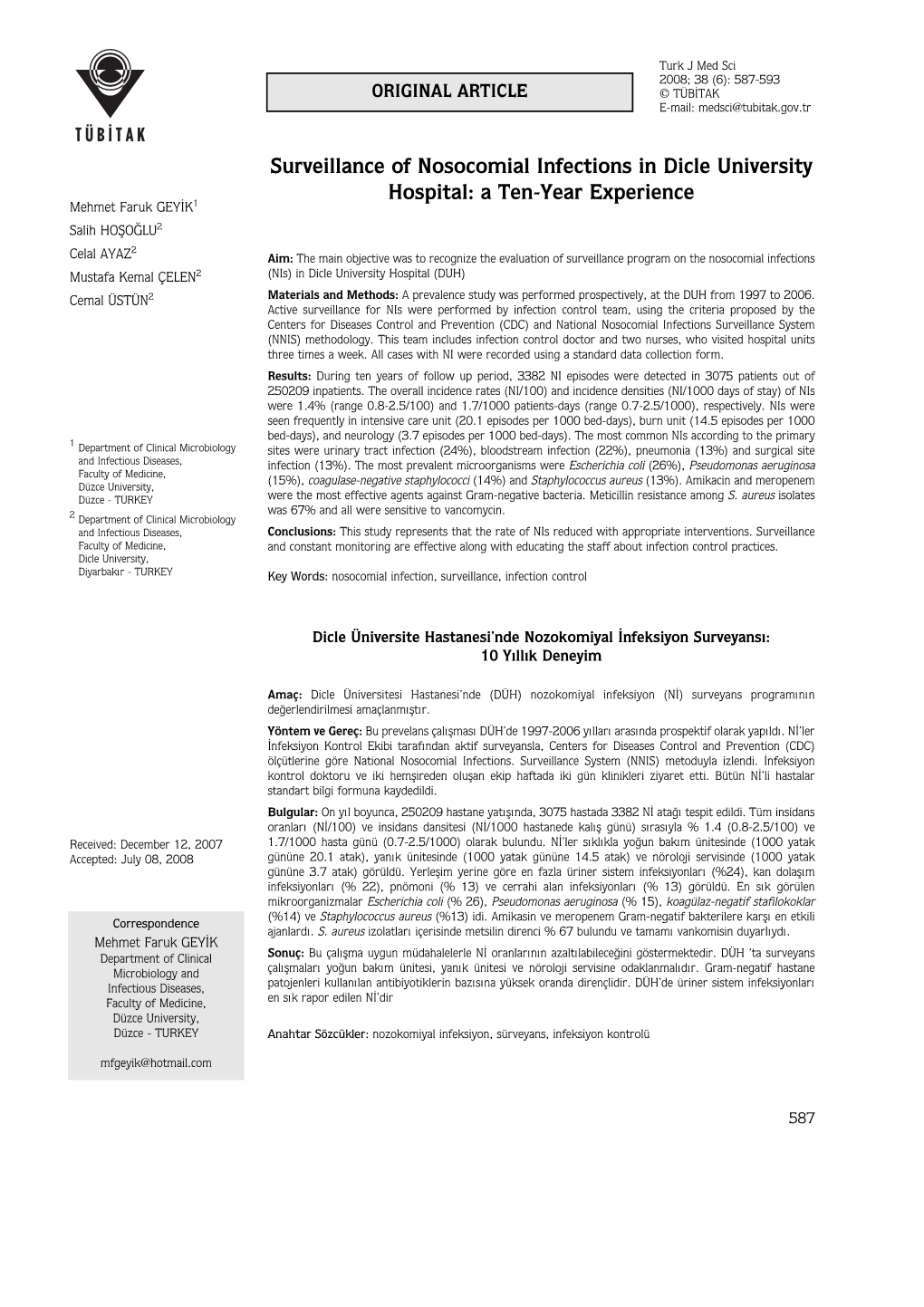 Surveillance of Nosocomial Infections in Dicle University