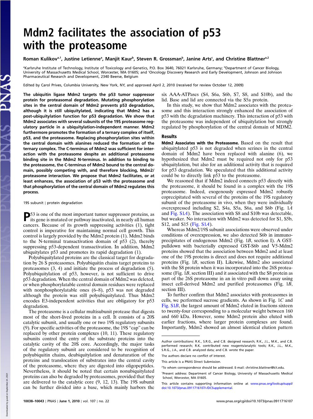 Mdm2 Facilitates the Association of P53 with the Proteasome