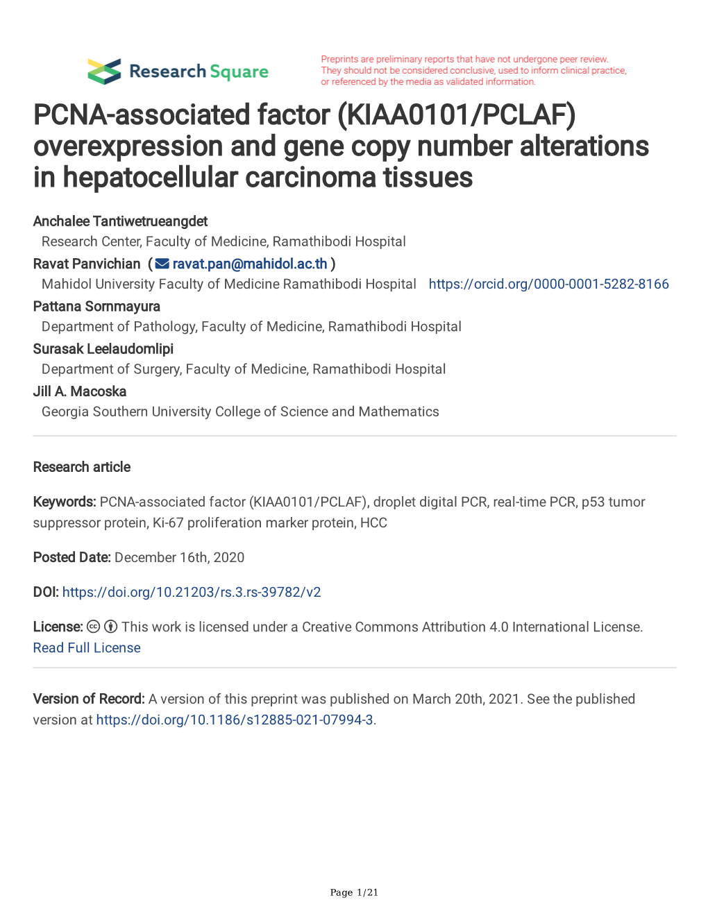 PCNA-Associated Factor (KIAA0101/PCLAF) Overexpression and Gene Copy Number Alterations in Hepatocellular Carcinoma Tissues