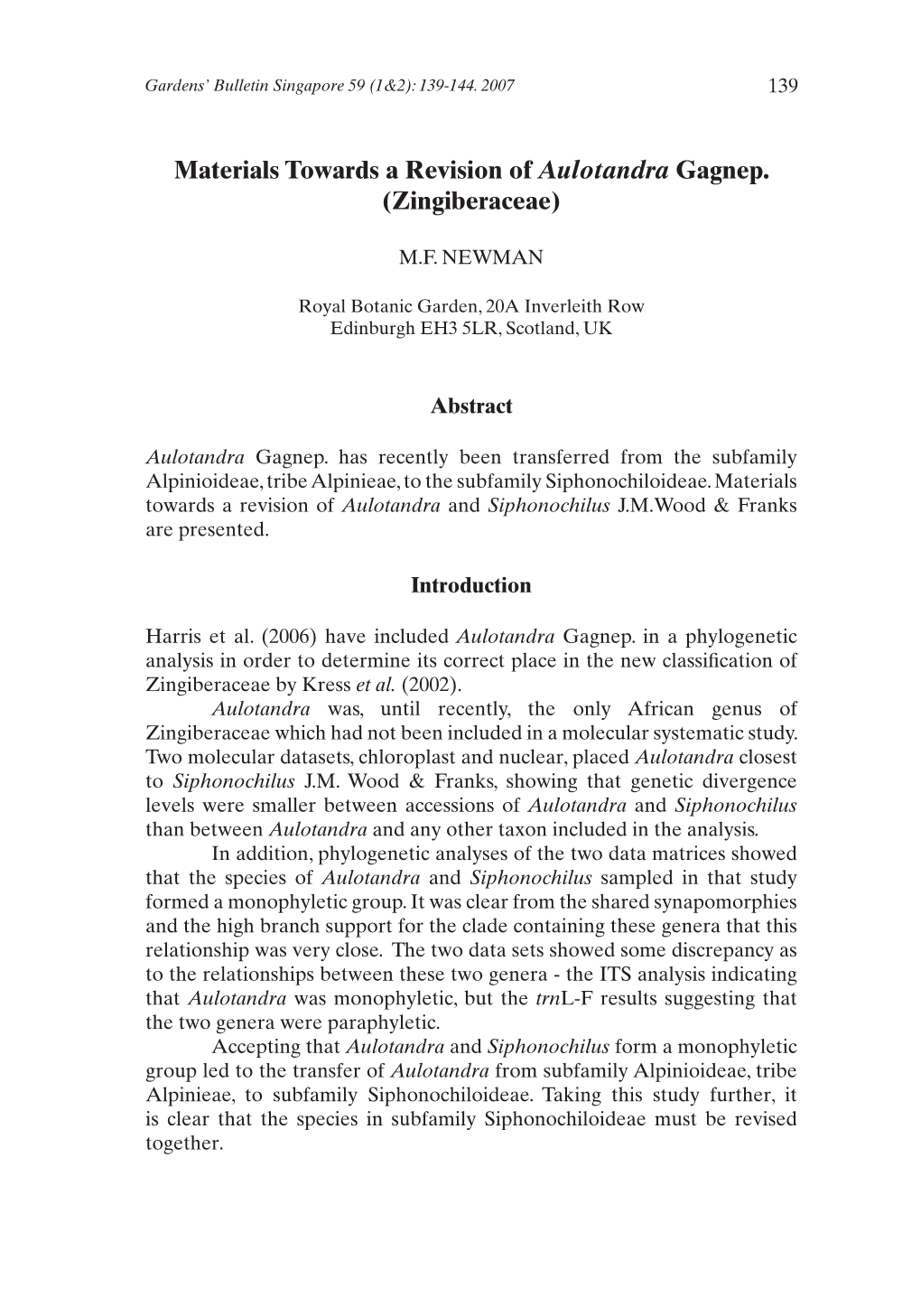 Materials Towards a Revision of Aulotandra Gagnep. (Zingiberaceae)